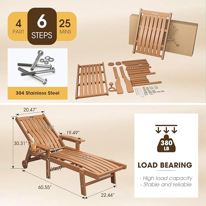 Patio Chaise Lounge Chair Set of 2, Oversized Lounge Chair Outdoor with 5 Positions, HDPE, Patio Lounge Chair with Wheels & Cup Holder for Pool, Deck, Poolside,Wood THOEOE