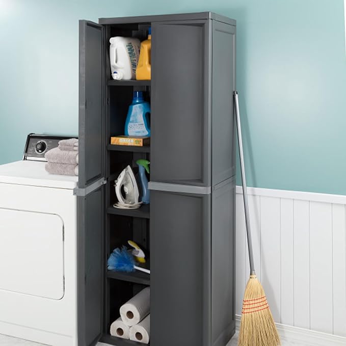 Sterilite 4 Shelf Cabinet, Lockable Utility Storage w/ Adjustable Shelves, Gray - Plastic Shelving Unit for Organizing Garage, Pantry, Basement, Laundry Room or Mudroom Sterilite
