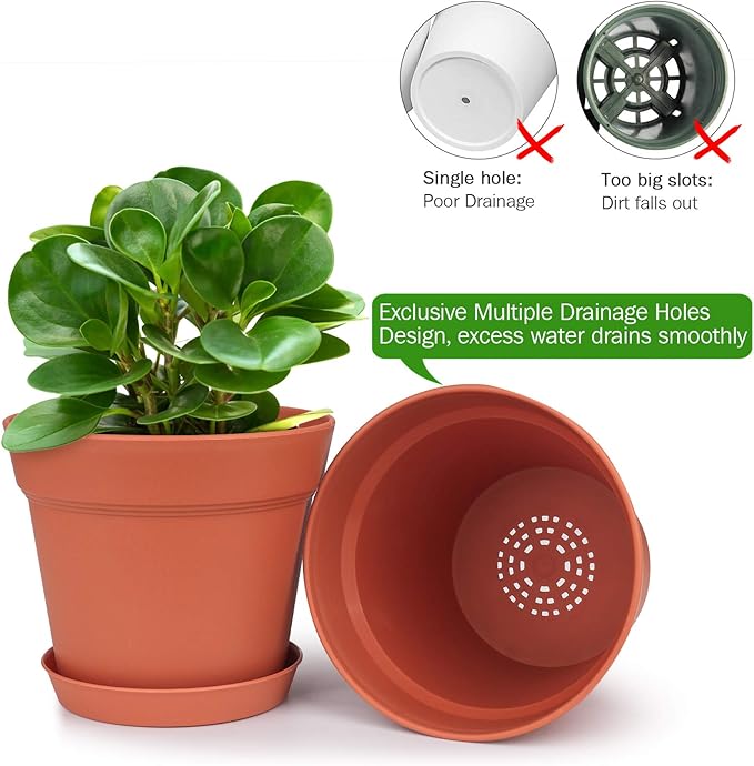 homenote Pots for Plants, 15 Pack 6 Inch Plastic Planters with Multiple Drainage Holes and Tray - Plant Pots for All Home Garden Flowers Succulents HOMENOTE
