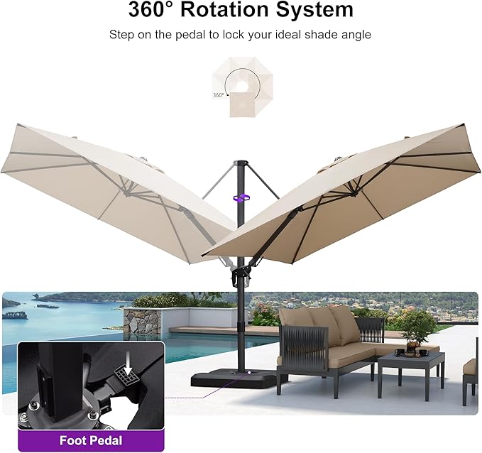 PURPLE LEAF 10' X 10' Left-right Tilting Patio Umbrella Outdoor Cantilever Swivel Square Umbrella with Tilt Aluminum Offset Umbrella with 360-degree Rotation for Garden Deck Pool Patio Beige PURPLELEAF
