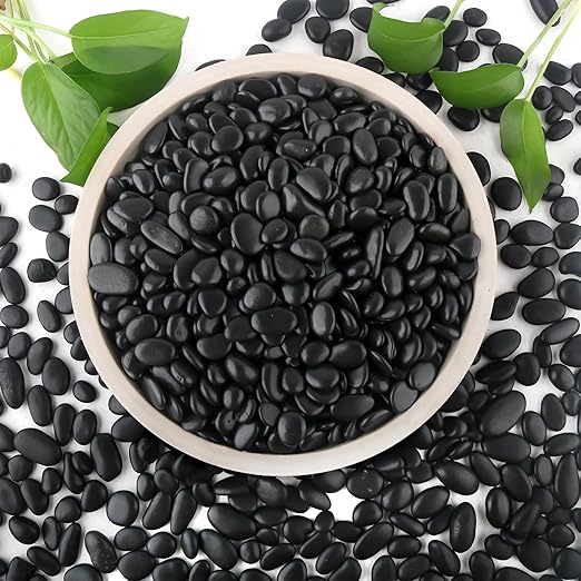 6lb Black Rocks for Planters- 1/4" - 3/4" Polished Black Stones Smooth Flat Pebbles for Fish Tanks Decorative River Rocks for Vases Bonsai Pots Garden Stones for Landscaping and Yards Rootora