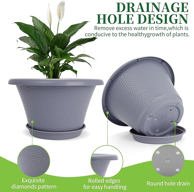 Quarut 12 Inch Large Planter Pot for Plants Indoor Outdoor, 4 Pack Plastic Flower Pots with Drainage Hole & Tray, Modern Decorative Garden Pot with Saucer, Plant Container for House Grey Quarut