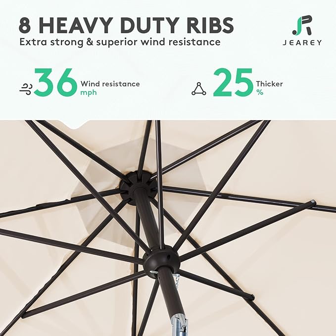 JEAREY 9FT Outdoor Patio Umbrella Outdoor Table Umbrella with Push Button Tilt and Crank, Market Umbrella 8 Sturdy Ribs UV Protection Waterproof for Garden, Deck, Backyard, Pool (Beige) JEAREYOutdoorsCollection