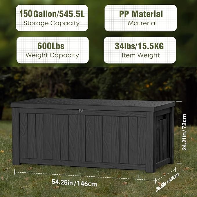 EasyUp 150 Gallon Outdoor Storage Box, Resin Waterproof UV-Resistant Deck Box with Hydraulic Lid Support, Reinforced Stability for Patio, Garden, and Poolside, Black EASYUP