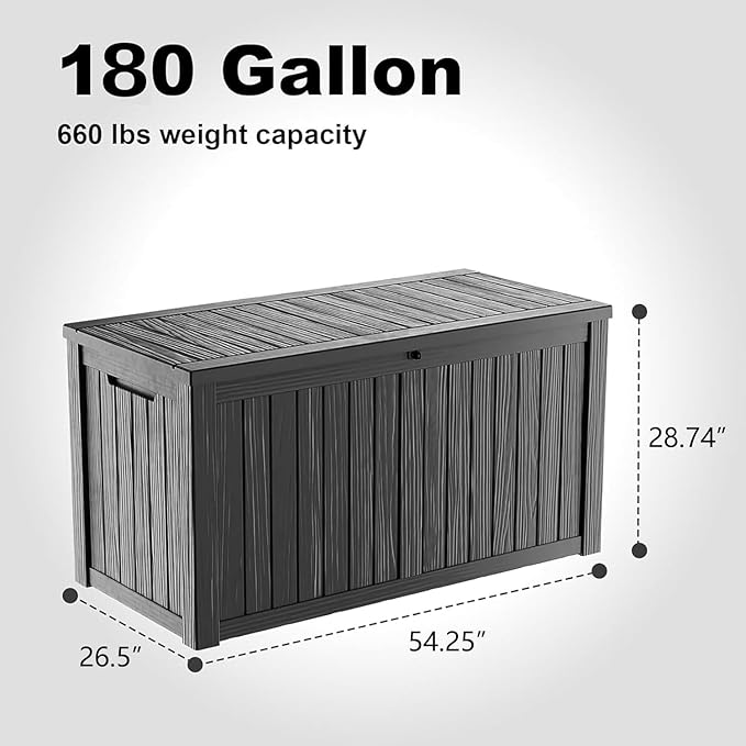 DRATO 180 Gallon Outdoor Storage Box, Large Waterproof Deck Box, Lockable Resin Storage Container with Reinforced Support for Patio Cushions, Garden Tools, UV-Resistant Outdoor Chest（Black，180 Gallon） DRATOprovidesawarmandcozy