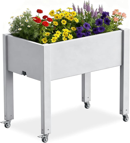 Raised Garden Bed with Legs, 28.9" Tall Self-Watering Raised Planter Box with Lockable Wheels, Drainage Plug and Gauge for Vegetables Flowers, Rustproof Resin for Backyard Patio (Ashen) OutdoorLivingPerfected