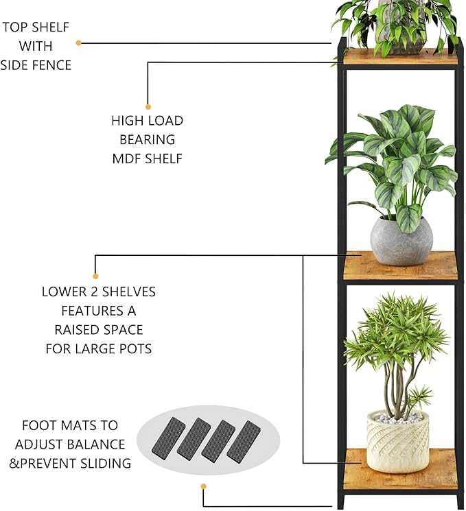 3-Tier Plant Stand Indoor, 45" Tall Modern Plant Shelf Corner Flower Pot Holder Organizer for Living Room Balcony Garden, Rustic Brown yeavs