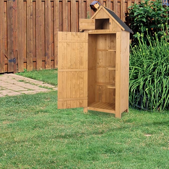 Outvita Outdoor Storage Cabinet, 70in Wooden Vertical Garden Tools Shed, Patio Storage Organizer with Latch & Waterproof Roof for Yard Deck Lawn Farmland Equipment(Natural) Outvita