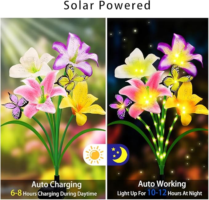 Solar Garden Lights 4 Pack LEDs Solar Lilies Flower Lights, Yard Patio Pathway Decoration High Flexibility Copper Wire Handmade Silk Artificial Flowers Never Wither, Gift for Family Friends stadeco
