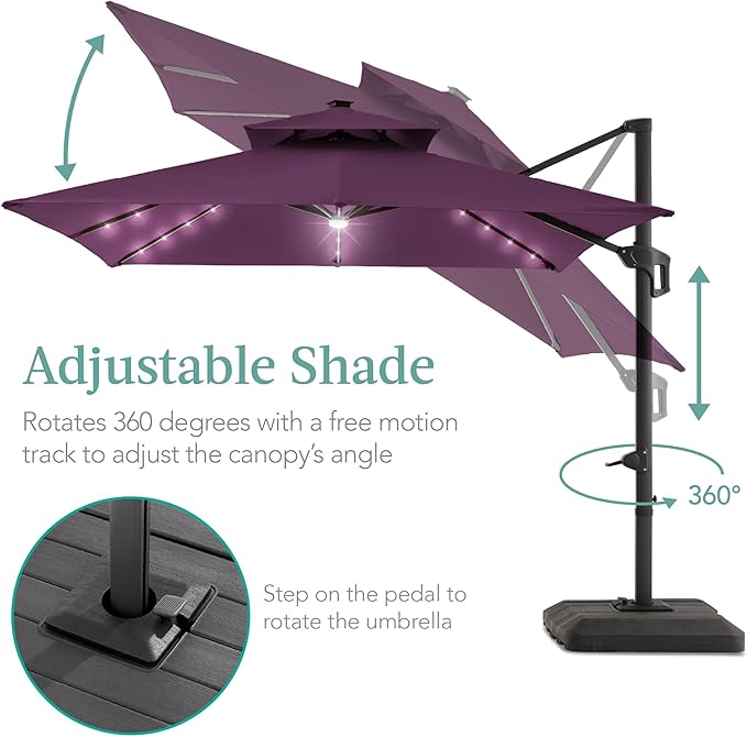 Best Choice Products 10x10ft Cantilever Patio Umbrella w/Base Included, Solar LED Lights 360 Rotation Large Offset Hanging Outdoor Shade for Deck Pool Backyard w/Stand – Amethyst Purple BestChoiceProducts