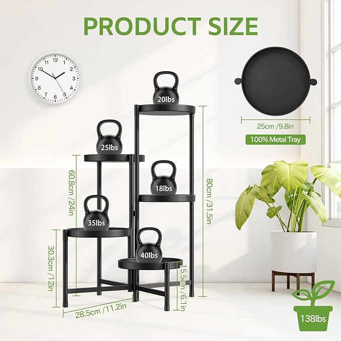 iDavosic.ly 5 Tier Large Plant Stand Indoor with 10 Inch Wide Tray, Tiered Corner Metal Outdoor Flower Display Holder Shelf, Folding Tall Rack for Patio Porch Living Room, Modern Black iDavosicly