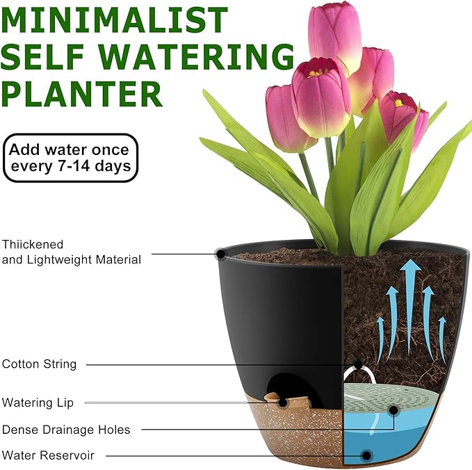 Plant Pots 10/9/8/7.5/7 Inch Self Watering Pots, Set of 5 Plastic Planters with Drainage Holes and Saucers,Plastic Flower Pots,Nursery Planting Pot for Indoor Out Door Plants(Black Brown) QRRICA