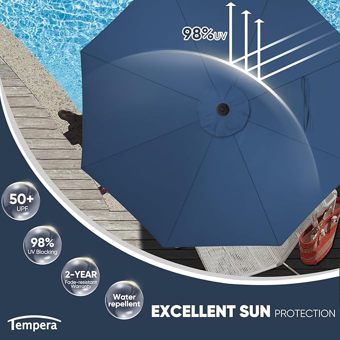 Tempera Patio Market Outdoor Table Umbrella with Auto Tilt and Crank, Large Sun Umbrella with Sturdy Pole & Fade Resistant Canopy, Easy to Set TemperaPatioLife
