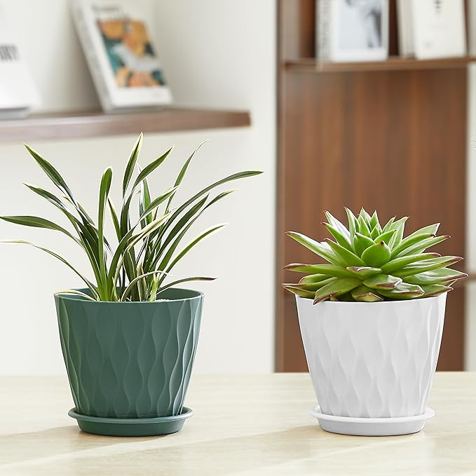 FaithLand 6-Pack 6-Inch Plastic Plant Pots with Saucers | Thickened PP Material, Modern Wave Texture, Enhanced Drainage for Indoor/Outdoor Garden Plants | White Value Set FaithLand