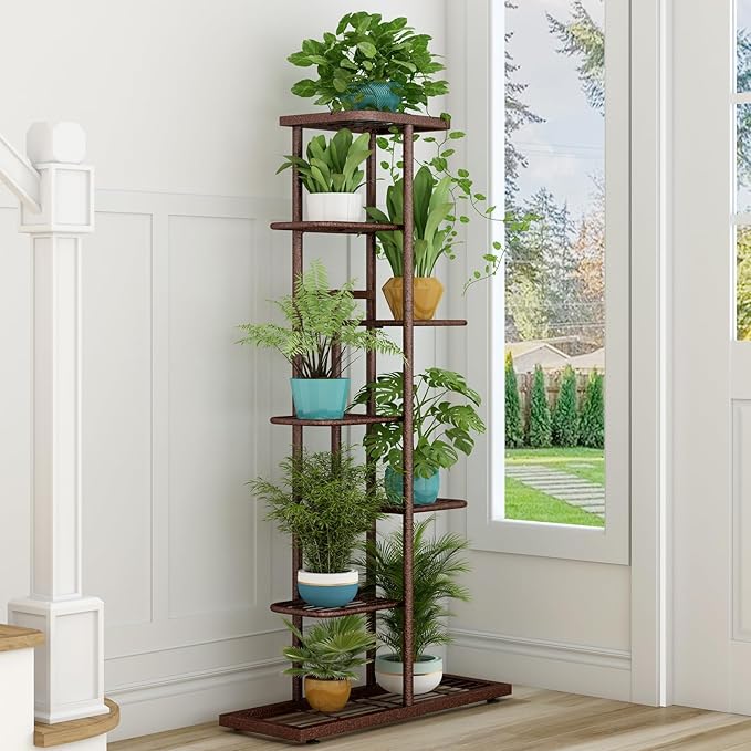 LINZINAR Plant Stand Metal 7 Tier 8 Potted Multiple Flower Pot Holder Shelf Indoor Outdoor Planter Display Shelving Unit for Patio Garden Corner Balcony Living Room, Bronze LINZINAR