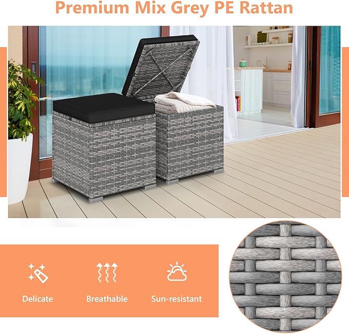 Tangkula 2 Pieces Patio Ottomans, Patiojoy Hand-Woven PE Rattan Side Table with Removable Cushion & Hidden Storage Space, Multifunctional Storage Box, Seat for Patio, Backyard, Poolside (Black&Grey) TANGKULA