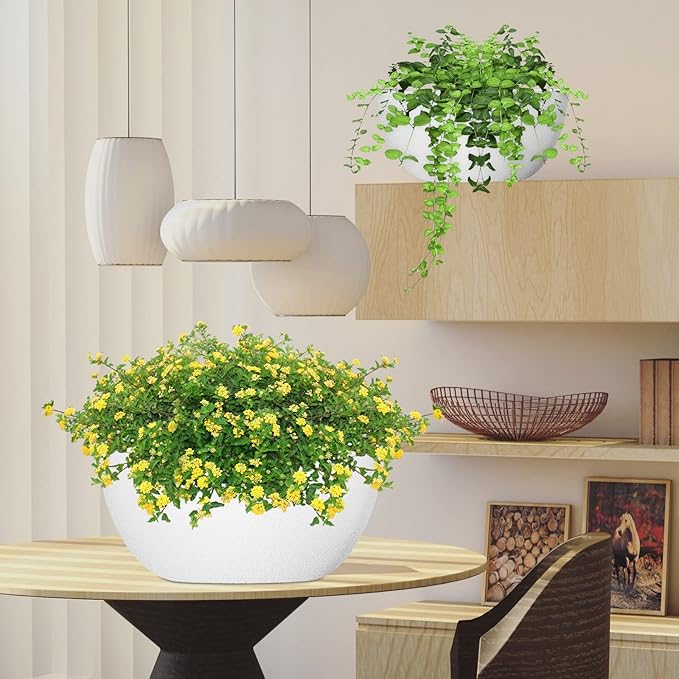 WOUSIWER 13 inch 2Pack Large Hanging Planters for Outdoor Indoor Plants with Drainage Holes and Chain, Round Hanging Flower Pots for Garden Home Porch Decor, White WOUSIWER