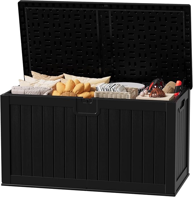 JUMMICO 250 Gallon Outdoor Resin Deck Box with Divider, Waterproof Storage Box with Lockable Lid&Side Handles for Garden Tools, Pools Supplies (Black) JUMMICO