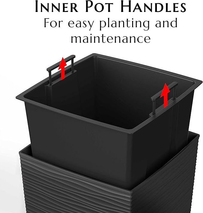 Mueller Janska M-Resin Heavy Duty Tall Planter, Indoor/Outdoor Grande Plant, Tree, Flower Pot, 2-Piece Set, 24”, Modern Design, Built-in Drainage, Dark Gray Mueller