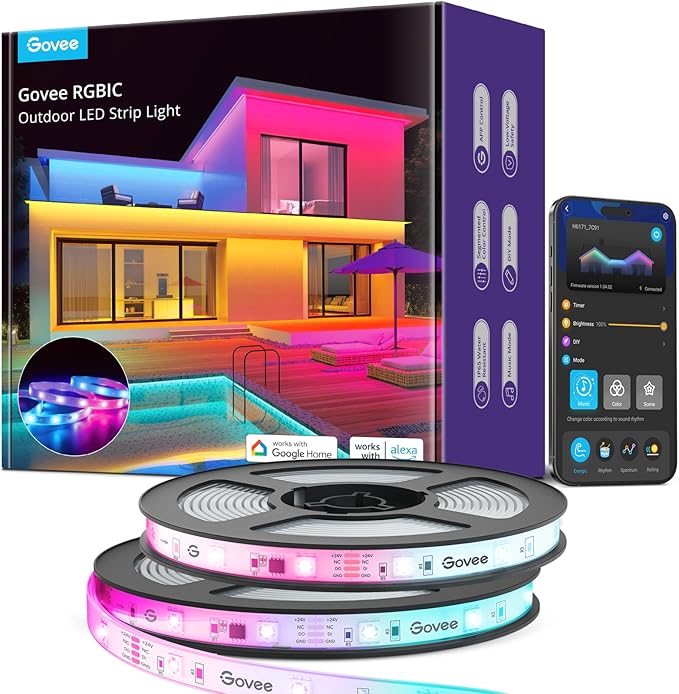 Govee Outdoor LED Strip Lights, 65.6ft Smart Led Strip Lights Work with Alexa and Google Assistant, App Control, IP65 Waterproof, RGBIC Outdoor Lights for Patio, Eave, Patio Decorations Govee