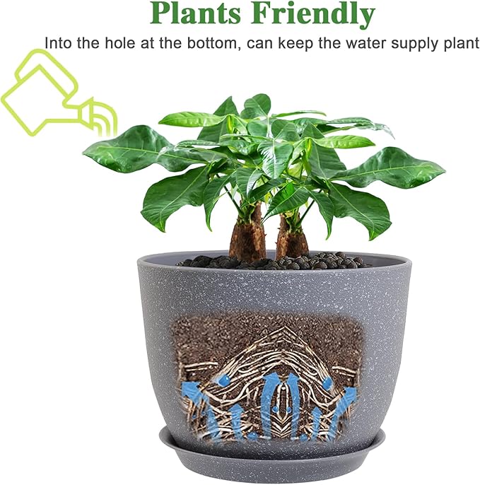 12inch Large Plant Pot, Modern Plastic Planter with High Driange Holes and Saucer for Indoor Outdoor Garden Plants and Flowers, Grey Speckles UOUZ