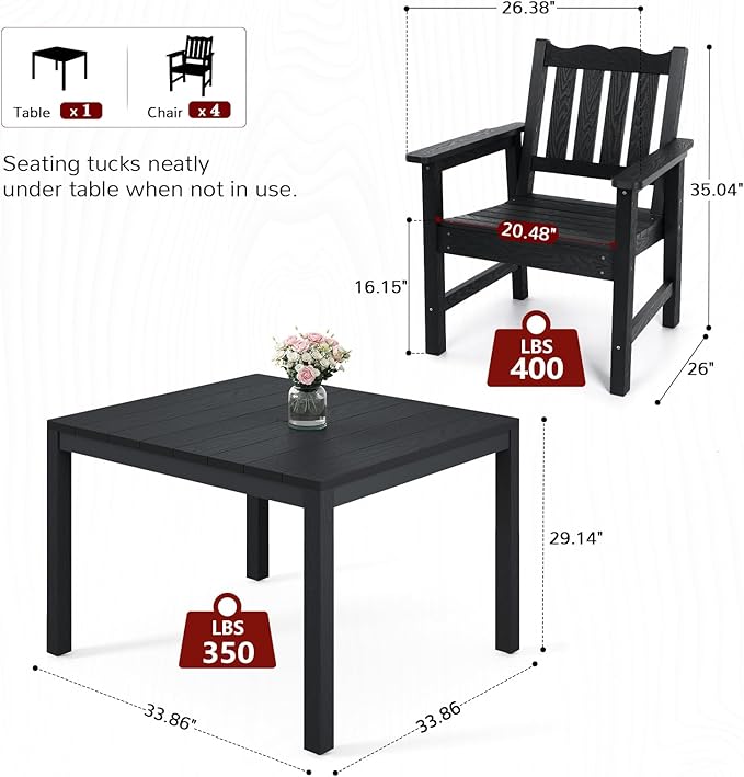 Stoog All-Weather Patio Dining Table for 4, Outdoor HIPS Dining Table with Aluminum Frame, Waterproof Patio Table, Never Rot or Fade, Black Stoog
