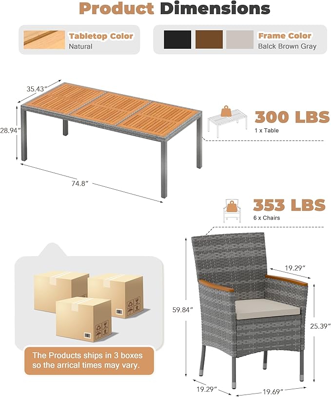 Flamaker 9 Piece Patio Dining Set Outdoor Acacia Wood Table and Chairs with Soft Cushions Wicker Patio Furniture for Deck, Backyard, Garden (Grey) Flamaker