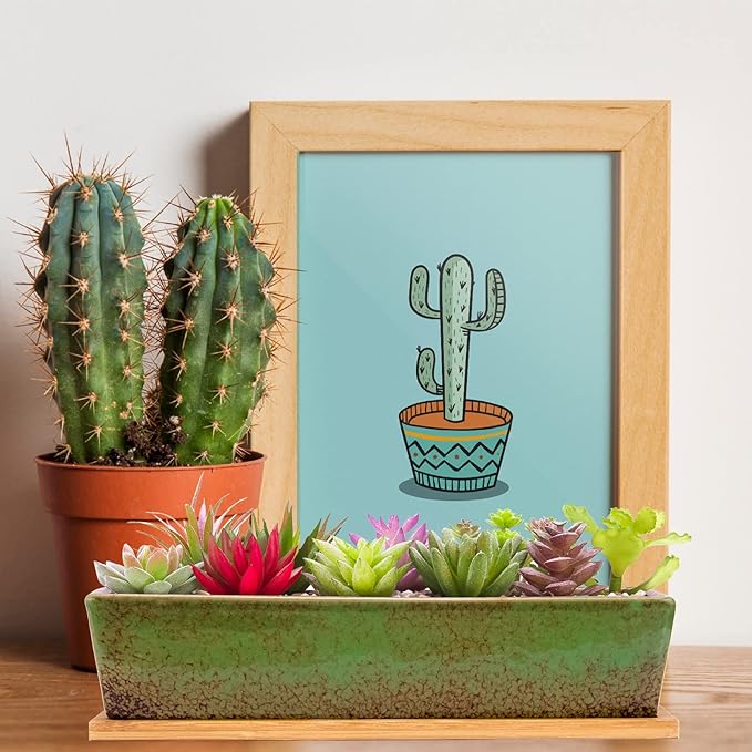 Succulent Pots - Large Succulent Planter Pots with Drainage, 12 Inch Long Rectangle Bonsai Pot with Bamboo Tray Shallow Ceramic Cactus Flower Planter Window Box for Home Garden Decor (Green) ARTKETTY