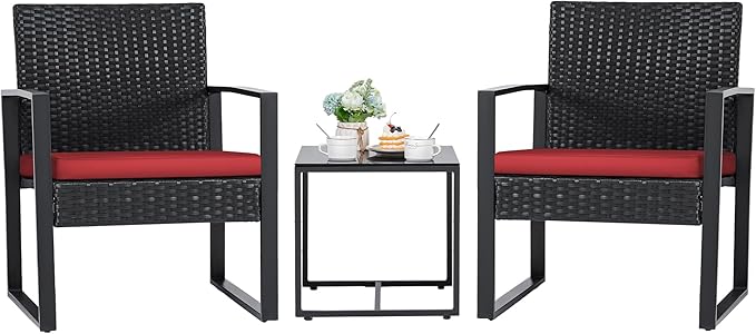 Flamaker 3 Pieces Wicker Patio Furniture Outdoor Modern Rattan Chair Conversation Sets with Coffee Table for Yard and Bistro (Red) Flamaker