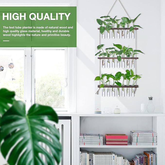 XXXFLOWER Wall Hanging Propagation Station with Wooden Stand 21 Glass Test Tubes 3 Tiers Planters Wall Terrarium for Home Office Plant Hanger Flower Vases Wall Decor Hydroponic Cuttings XXXFLOWER