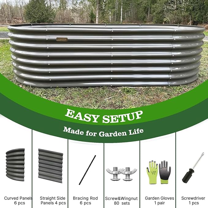 A ANLEOLIFE 8x4x2ft Galvanized Raised Garden Bed Kit, Oval Metal Deep Root Planters for Outdoor Plants Vegetables Flowers Herb, Large Bottomless, 478 Gallon Capacity- Quartz Grey AAnleolife