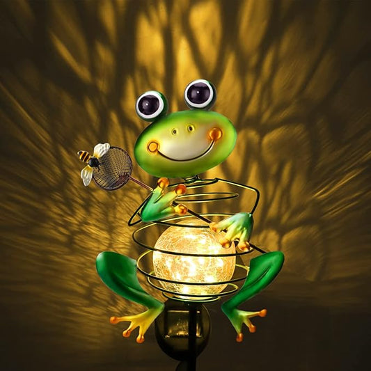 Frog Solar Garden Light - Metal Stake Light with Crackle Glass Waterproof Globe, Solar Power LED for Garden, Lawn, Patio, Pathway Decor HEDAQI