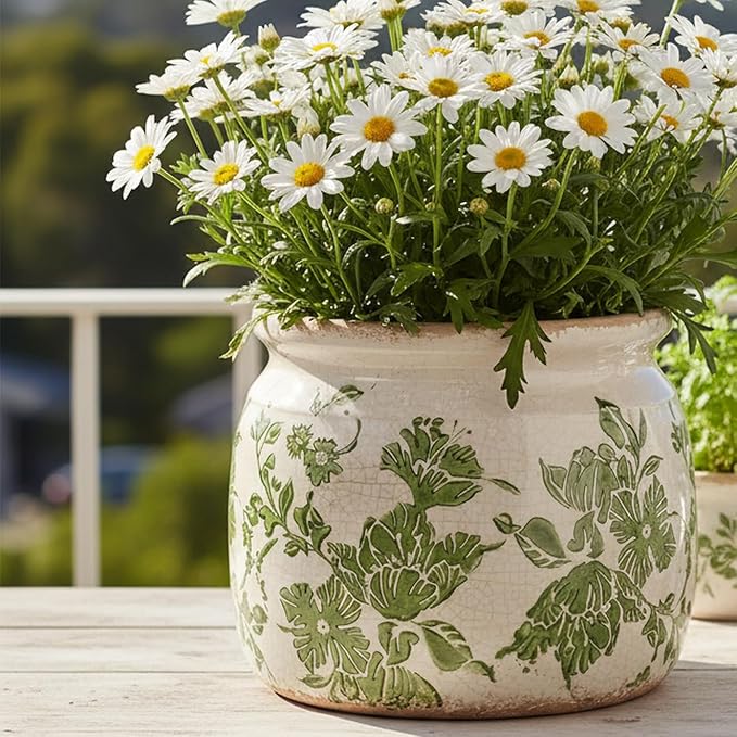 Tuscan Ceramic Indoor Plant Pot & Vase for Home Decor, 6.29'' Rustic Farmhouse Planter w/Drainage for Snake Plant, Pothos and Houseplants, Vintage Office & Tabletop Decoration, Gift for Mom (Green) XiaanJiaju