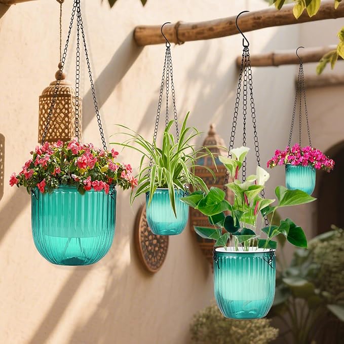 4 Pack Self Watering Hanging Planters with Drainage Holes –Hanging planters for Indoor Plants, Flowers, Succulents – Lightweight, Durable Hanging Baskets Green Rootora