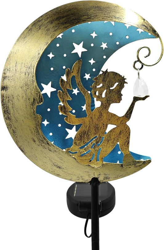 Solar Angel Moon Garden Stake Light – Outdoor Metal Yard Decoration with Crystal Pendant, Waterproof LED Light for Patio, Pathway, Lawn – Rustic Gold & Blue CBAXEAXM