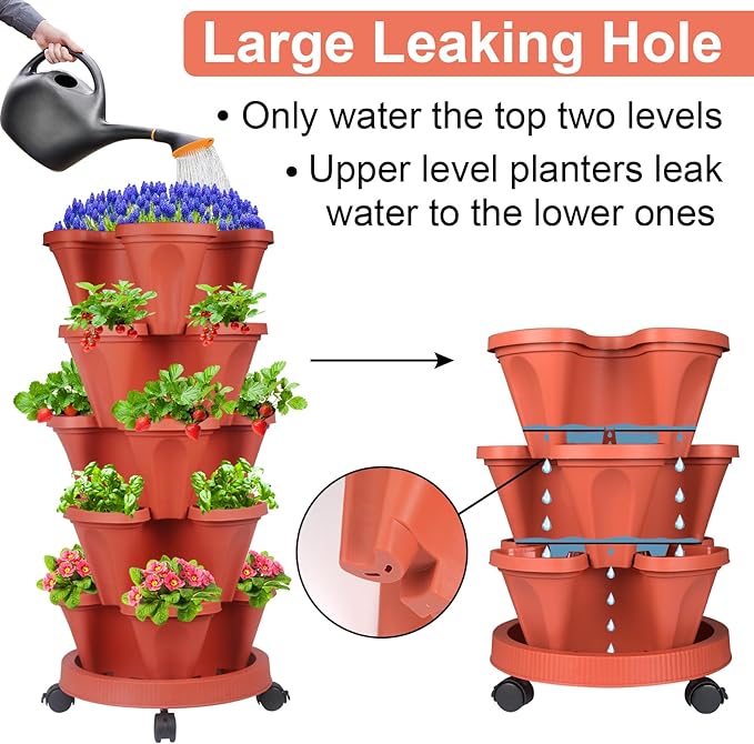 DUNCHATY Stackable Planters 5 Tier Vertical Garden Planting Tower Planters Strawberry, Herb, Flower, and Vegetable Planter Indoor Outdoor Gardening Pots with Removable Wheels and Tools DUNCHATY