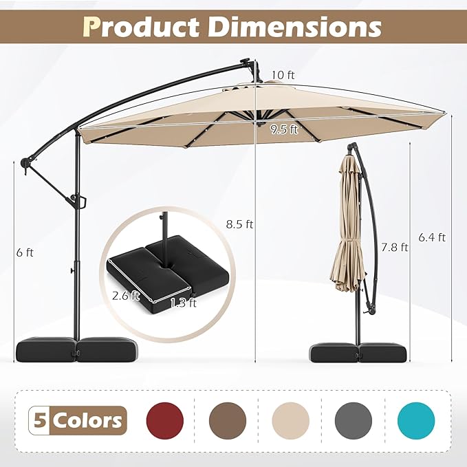 Tangkula 10ft Solar LED Patio Umbrella with Base, Offset Cantilever Outdoor Umbrella with 32 LED Lights, Infinite Tilt, 360 Degree Rotation, Crank Handle for Pool Deck Garden Backyard (Beige) TANGKULA