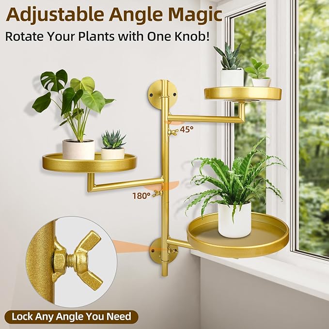 Rotating Window Plant Shelves with Adjustable Knobs, 3 Tiers Metal Wall Shelf for Plants Indoor, Sturdy Hanging Plant Holder, Window Wall Decor & Gardening Gifts (Golden) Rootora