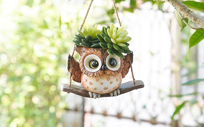 Swing Owl Hanging Planters for Indoor Plants, Cute Small Succulent Pots with Drainage Hole, Unique Resin Plant Hangers Outdoor, Hanging Plant Holder for String Of Pearls, Gift Ideas for Mother Saysmile