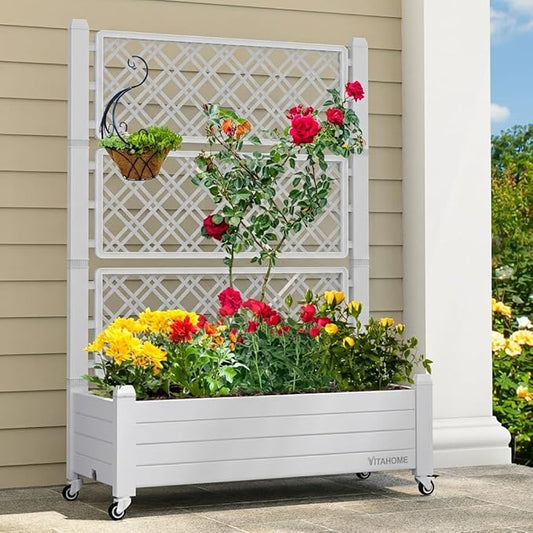 YITAHOME 3.6x1.5x5 FT Planter Box Trellis with Wheels, Large Outdoor Plastic Raised Garden Bed with Drain Plug for Climbing Plants, Grayish-White YITAHOME