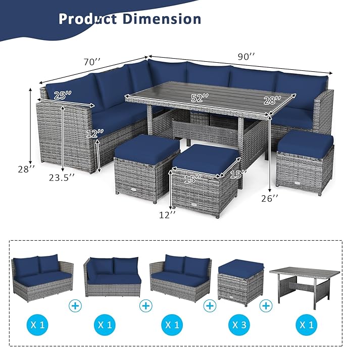Tangkula 7 Pieces Patio Furniture Set, Outdoor Sectional Rattan Dining Sofa Set with Cushions, All Weather Wicker Conversation Couch Set with Dining Table & Ottomans for Yard Garden Poolside, Navy TANGKULA