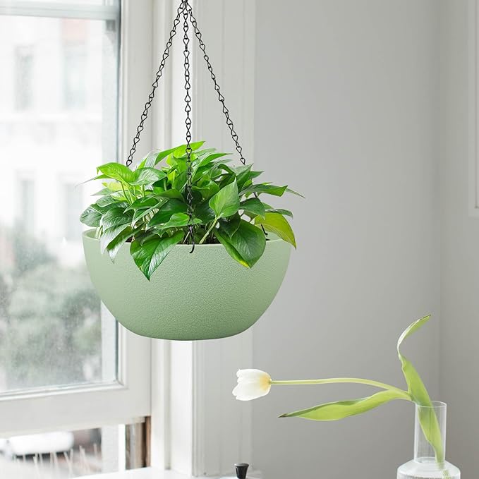 10 inch Hanging Planters for Outdoor Indoor Plants with Drainage Holes and Chain, 2 Pack Round Hanging Flower Pots for Garden Home Porch Decor,Green WSMKSZ