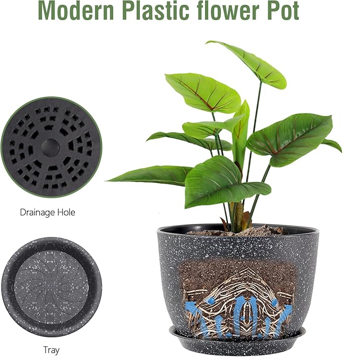 12 inch Big Plant Pots, Plastic Planters with Drainage Holes and Trays, Large Flower Pots for Indoor Outdoor Plants, Modern Decorative Pots for Garden House Plants, Speckled Black Meowell