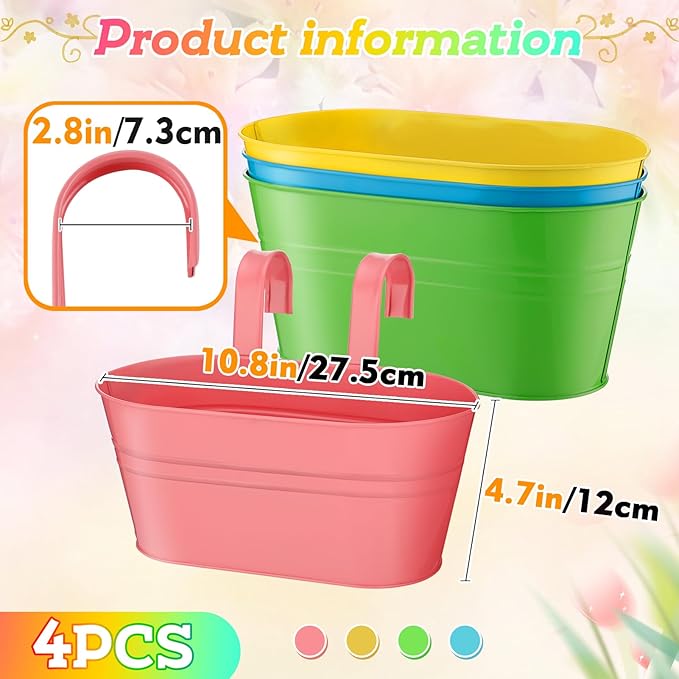 MADHOLLY Railing Planter with Drainage Holes - Sturdy Bucket Pots for Railing Fence, Countryside Style Metal Flower Pots for Herbs Balcony Garden Yard Decor, 4Pcs, Colorful MADHOLLY