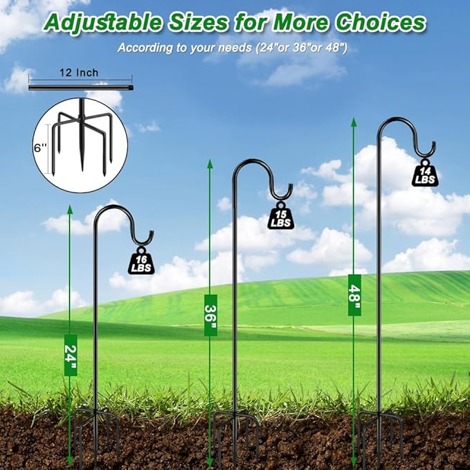 48 Inch Shepherds Hooks for Outdoor, Heavy Duty Bird Feeder Pole with 5 Prong Bases, Garden Hanging Stake for Bird Feeder, Solar Light, Plant Hanger, Wedding Decor, Metal Hanger Hooks, Black, 2 Packs Anideer