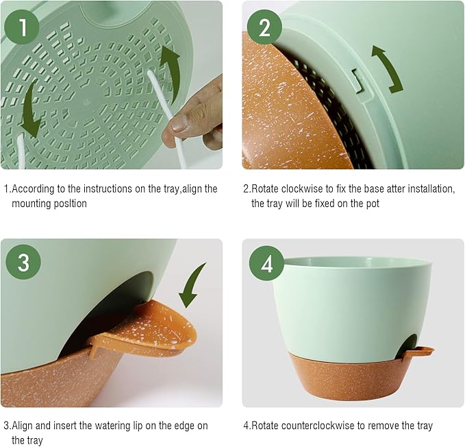 12 inch Large Self Watering Pots, Plastic Planters with 60oZ Removable Deep Reservoir and Multi Mesh Drainage Holes for Indoor Outdoor Garden Plants and Flowers, Green with Brown UOUZ