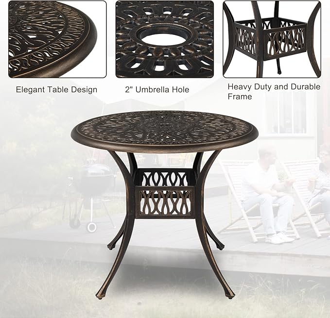 VINGLI 5-Piece Outdoor Patio Dining Set, Cast Aluminum All-Weather Outdoor Table and Chairs w/Cushion, Outdoor Furniture Set w/Umbrella Hole for Backyard Deck Poolside (Round, Elizabeth Back) VINGLI