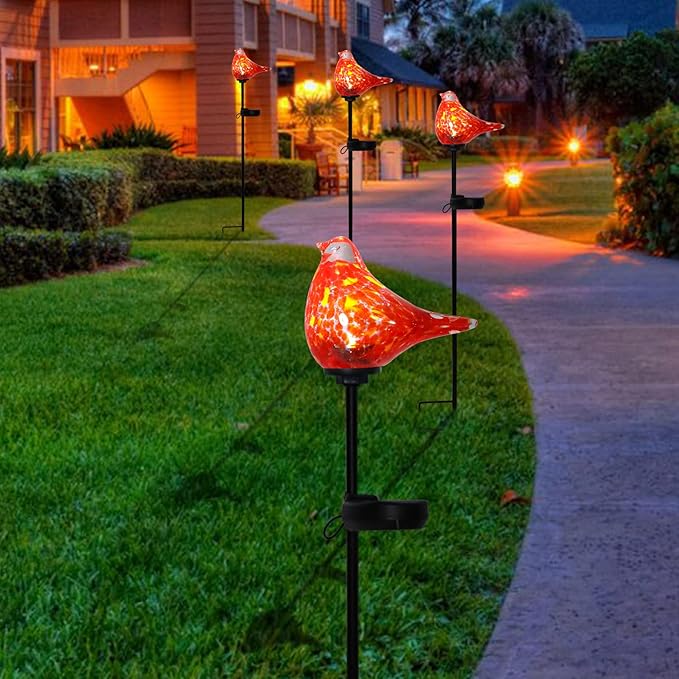 Bshine Solar Garden Decoration Outdoor Red Bird Lights, 2PCS Hand Blown Glass Waterproof Solar Light Stake Decorate Paths, Pathways, Lawns and Yards Art for Mom Bshine