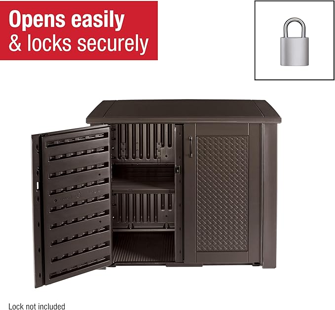 Rubbermaid Decorative Outdoor Storage Cabinet (123 Gal), Weather Resistant, Brown, Organization for Home/Backyard/Pool Chemicals/Toys/Garden Tools/Porch/Patio Cushions Rubbermaid