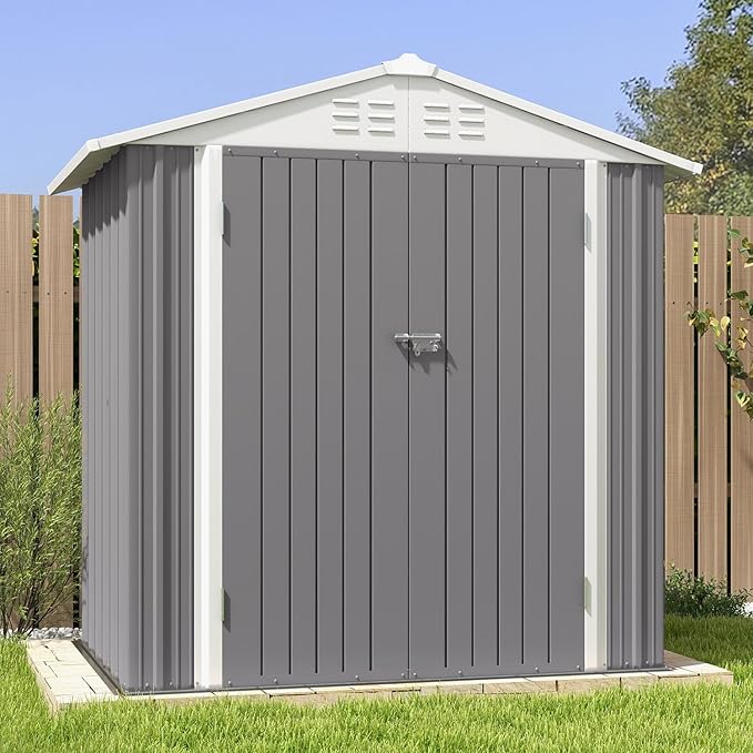 Patiowell 6x4 FT Outdoor Storage Shed, Water-Resistance Metal Outdoor Sheds with Vents & Lock, Garden Shed of Galvanized Steel for Lawn, Patio, Backyard Garden Tools, Bikes, Gray Patiowell
